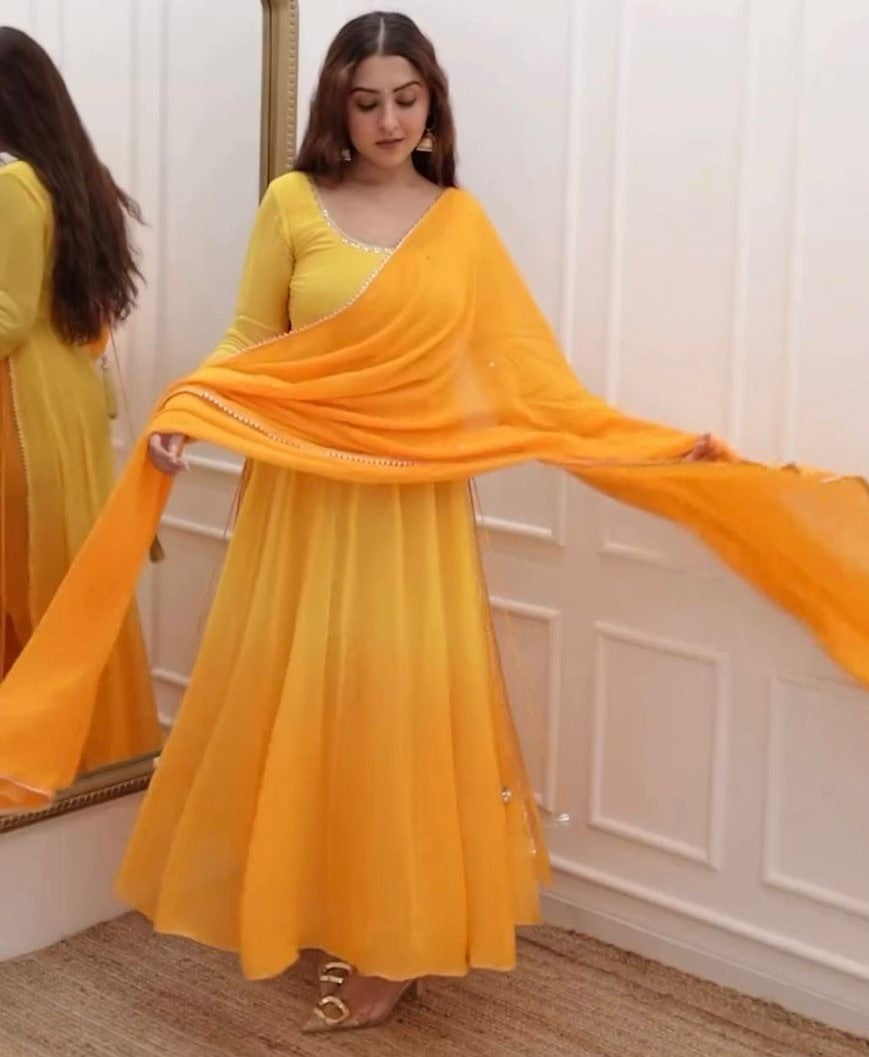 Yellow printed anarkali suit