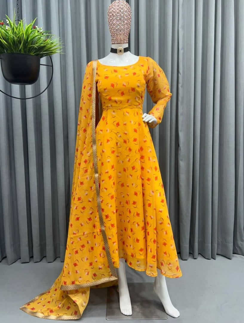 Yellow printed anarkali suit