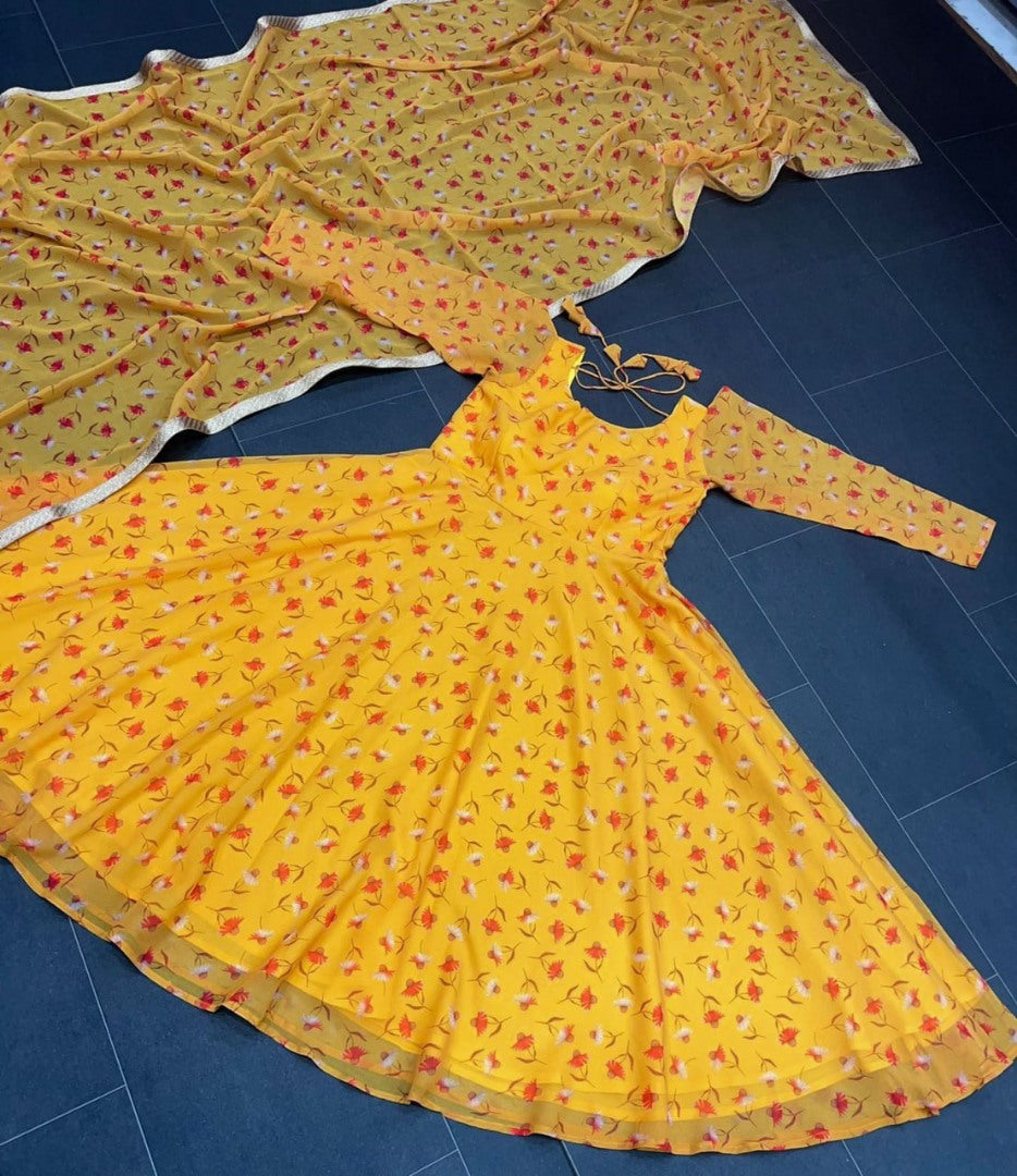 Yellow printed anarkali suit