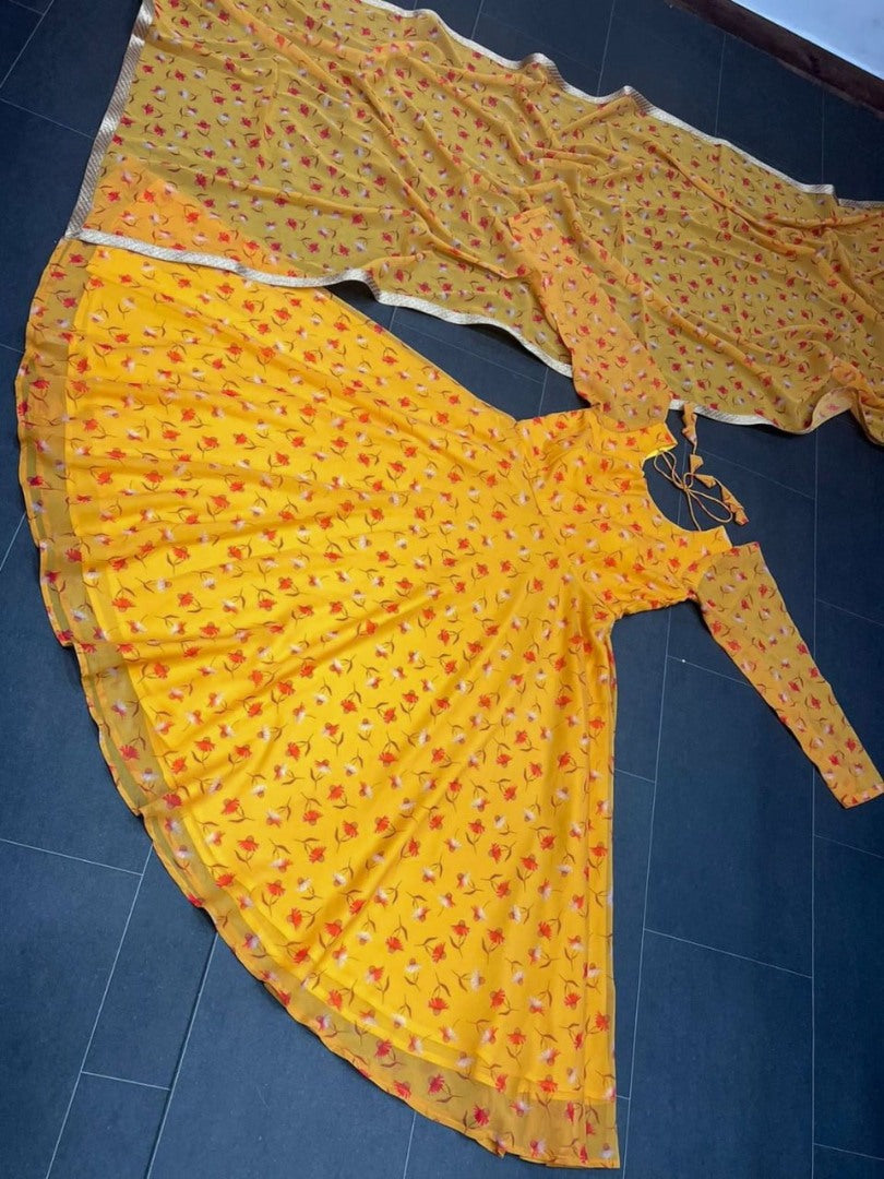 Yellow printed anarkali suit
