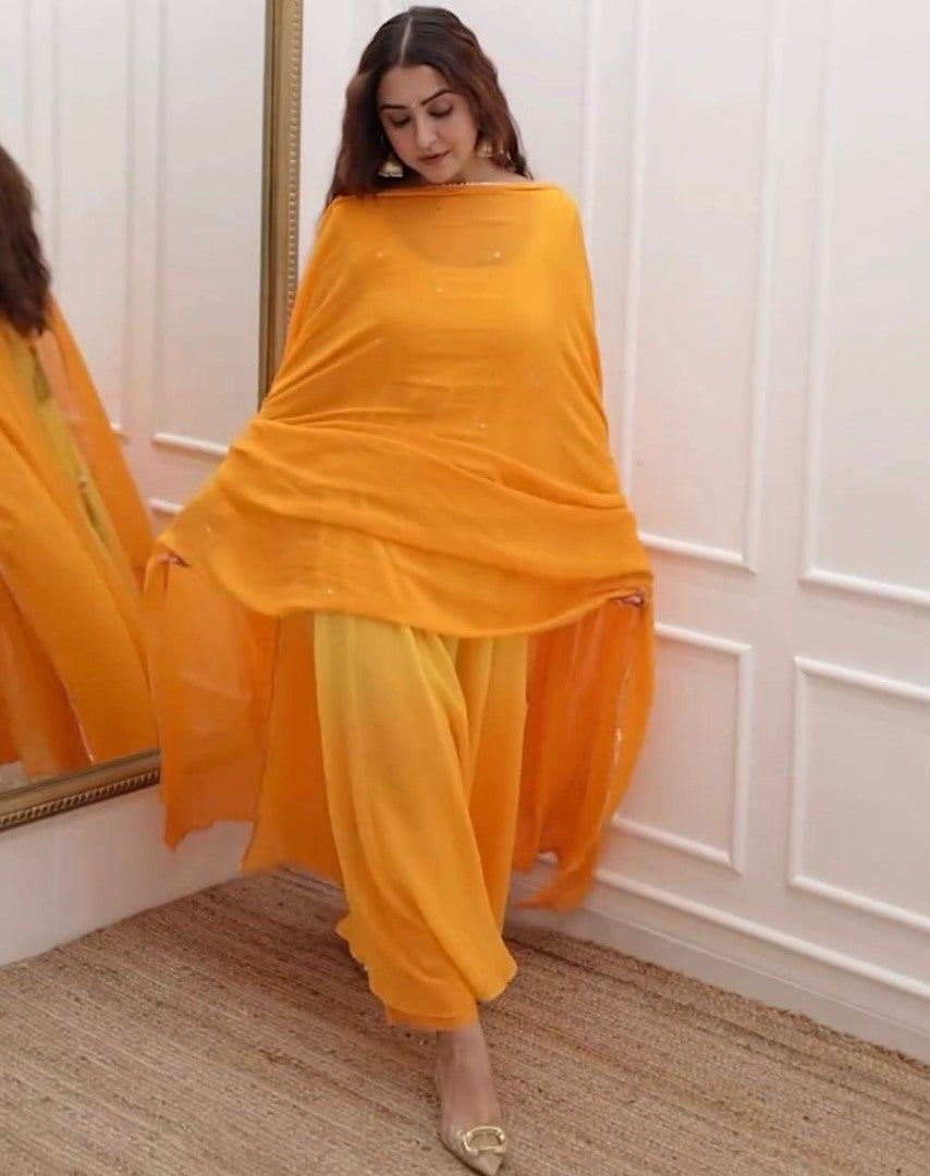 Yellow printed anarkali suit