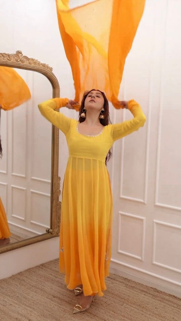 Yellow printed anarkali suit