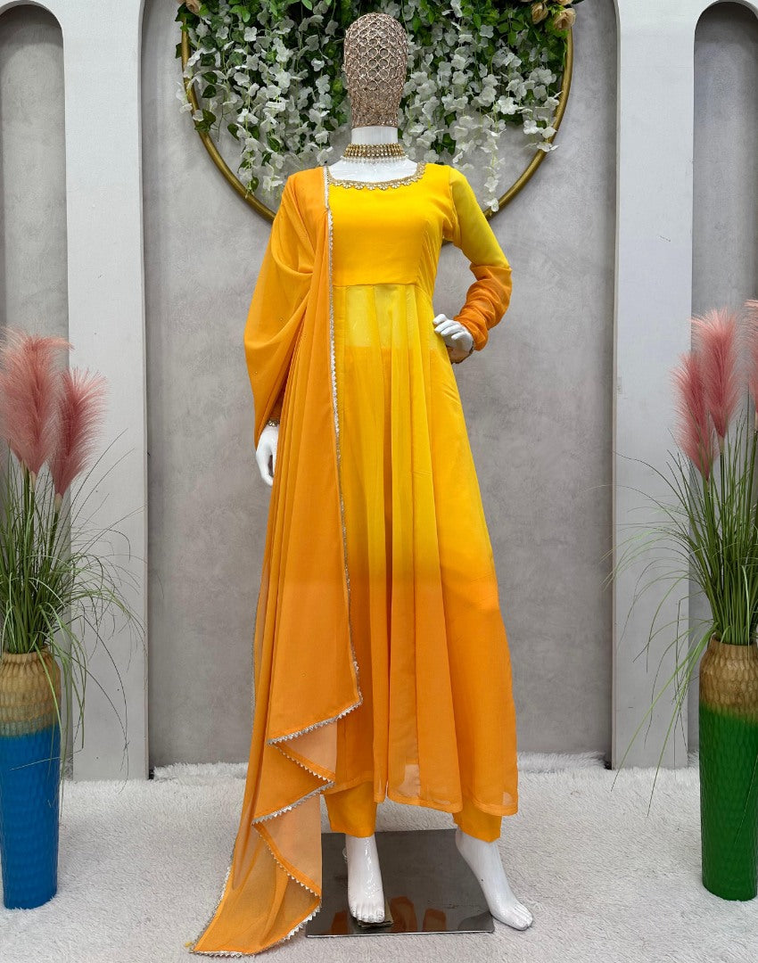 Yellow printed anarkali suit