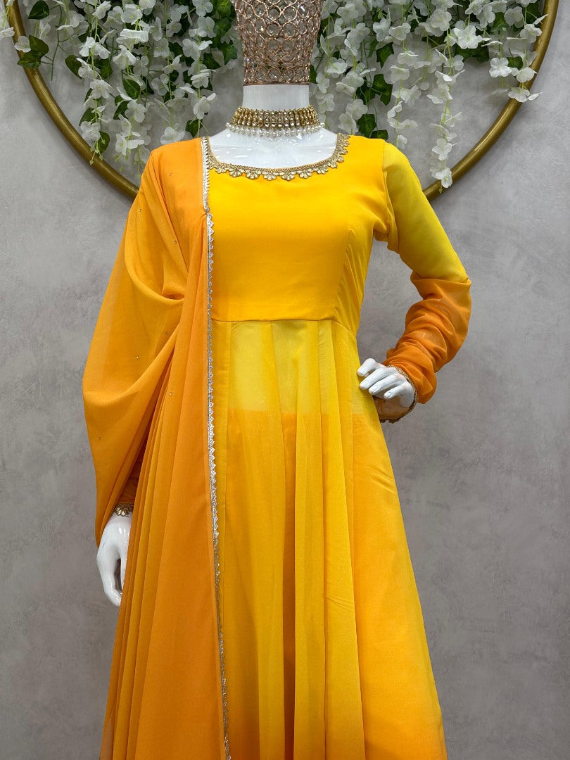 Yellow printed anarkali suit