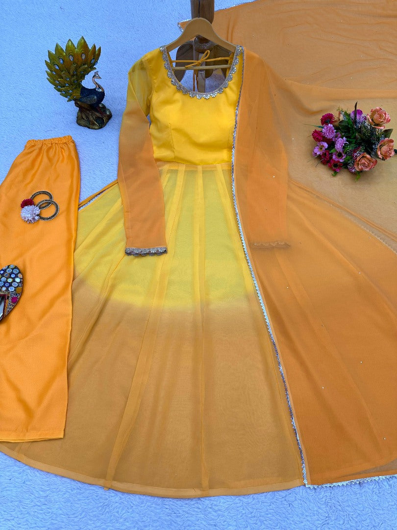 Yellow printed anarkali suit