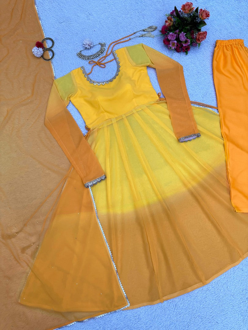 Yellow printed anarkali suit