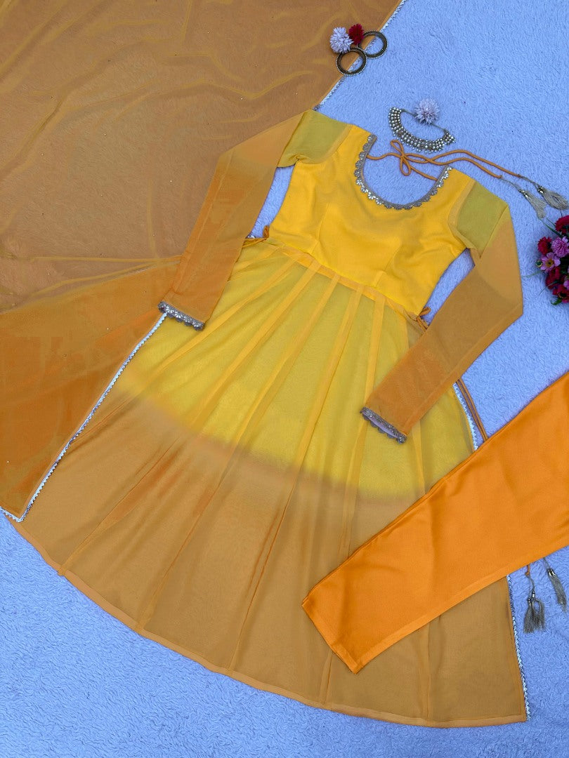 Yellow printed anarkali suit