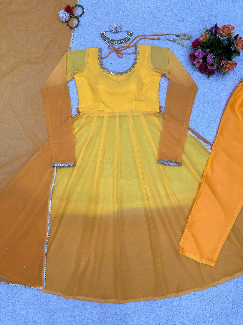 Yellow printed anarkali suit