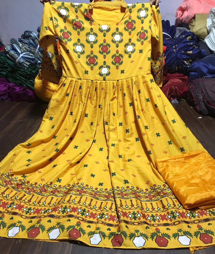 yellow printed crep semistitched anarkali suit