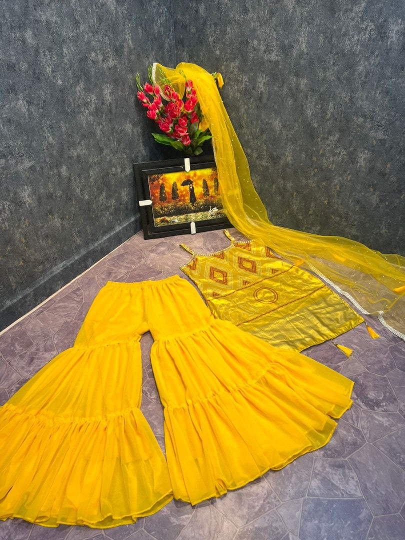 Yellow printed sharara suit