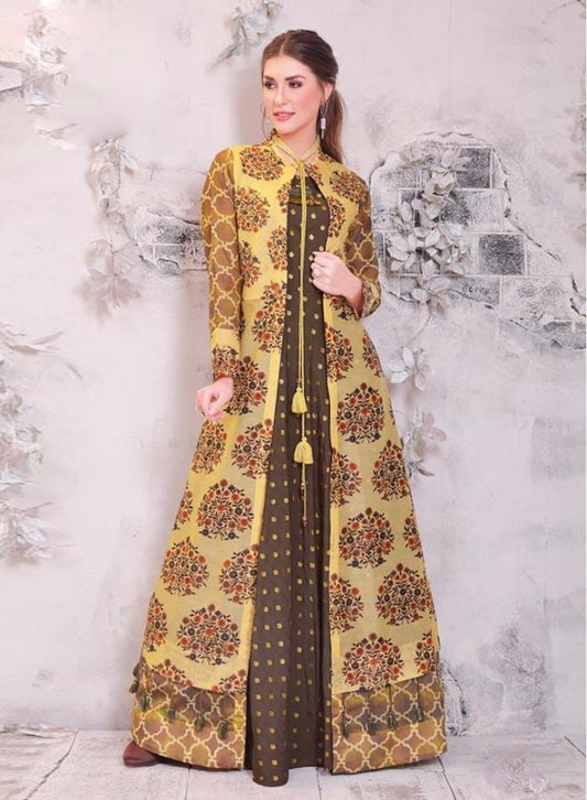 yellow pure chanderi printed long kurti with shrug