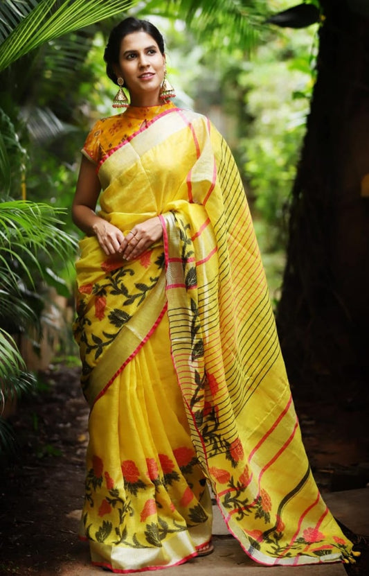 yellow pure linen satin patta printed saree
