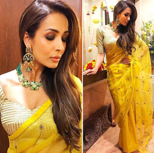 yellow pure orgenza silk bollywood partywear saree