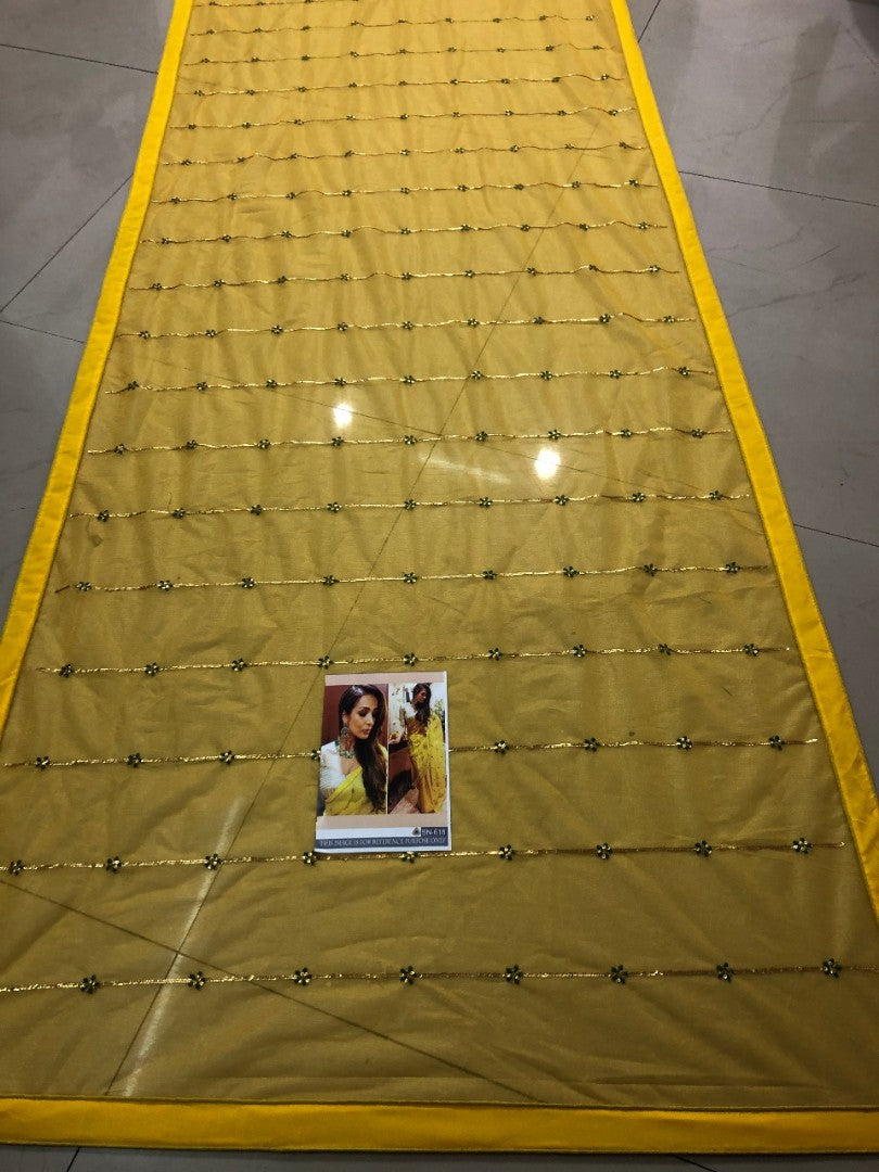 yellow pure orgenza silk bollywood partywear saree