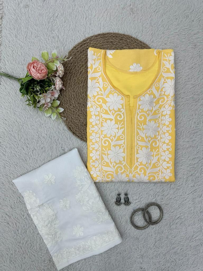 Yellow rayon chainstitch work plazzo kurti