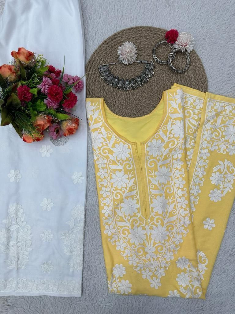 Yellow rayon chainstitch work plazzo kurti