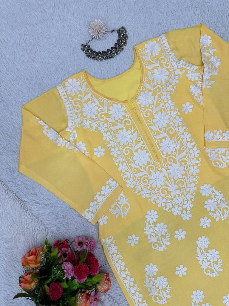 Yellow rayon chainstitch work plazzo kurti