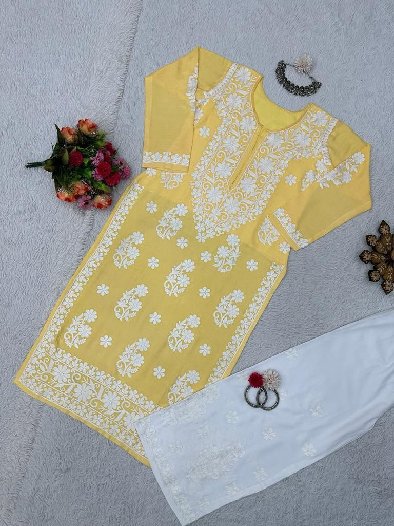 Yellow rayon chainstitch work plazzo kurti
