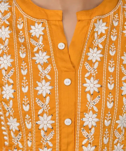 Yellow rayon chikankari work short kurti