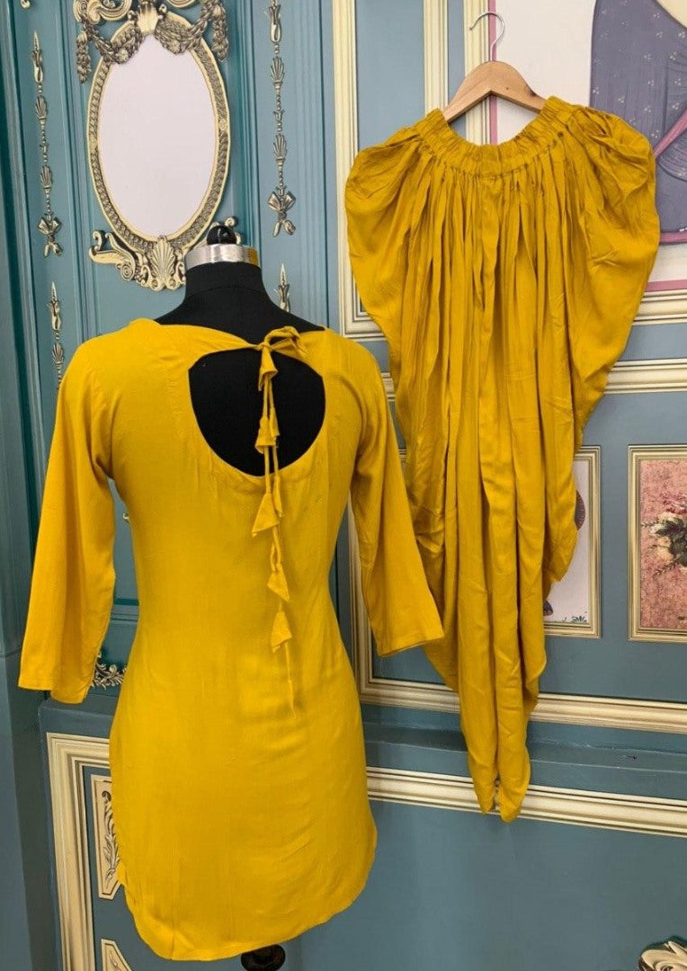 Yellow rayon dhoti suit