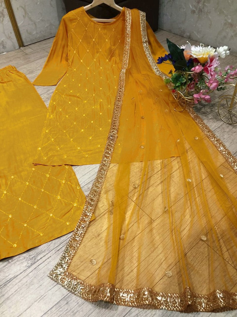 Yellow rayon embroidered plazzo suit