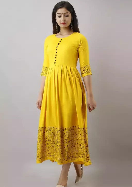 Yellow rayon printed anarkali frock kurti