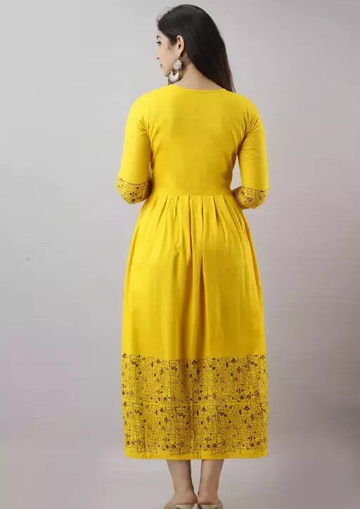 Yellow rayon printed anarkali frock kurti