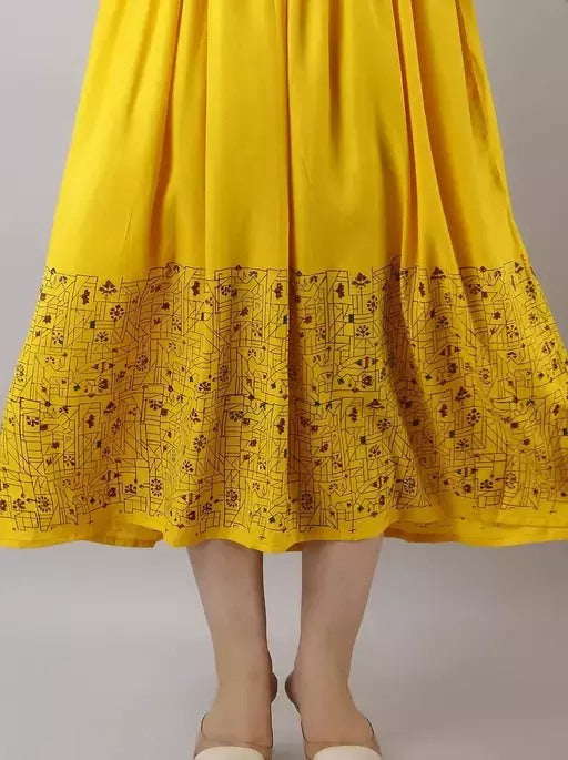 Yellow rayon printed anarkali frock kurti