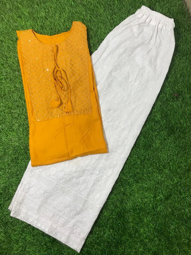 Yellow rayon thread sequence plazzo kurti