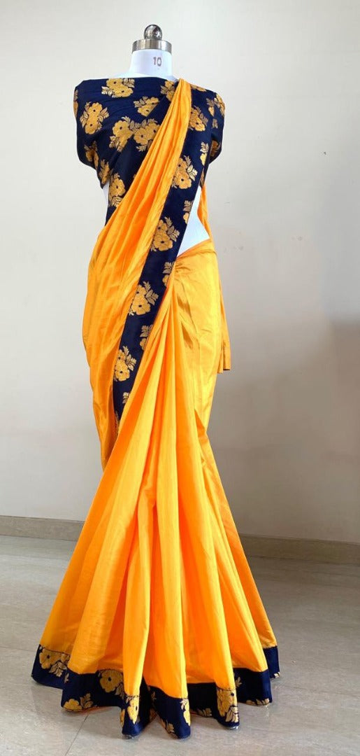 Yellow sana silk beautiful plain saree