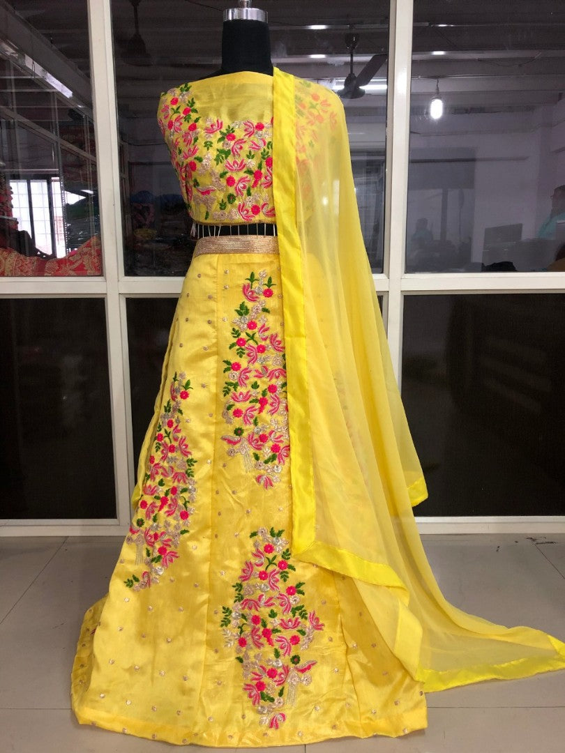 yellow satin banglori silk multi threadwork lehenga choli