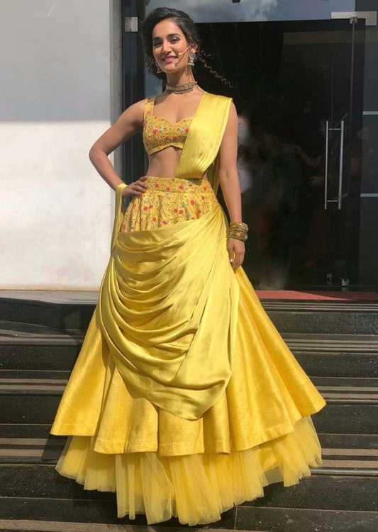 yellow satin banglory embroidered ceremonial lehenga