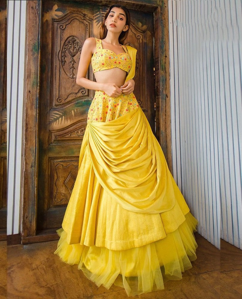yellow satin banglory embroidered ceremonial lehenga