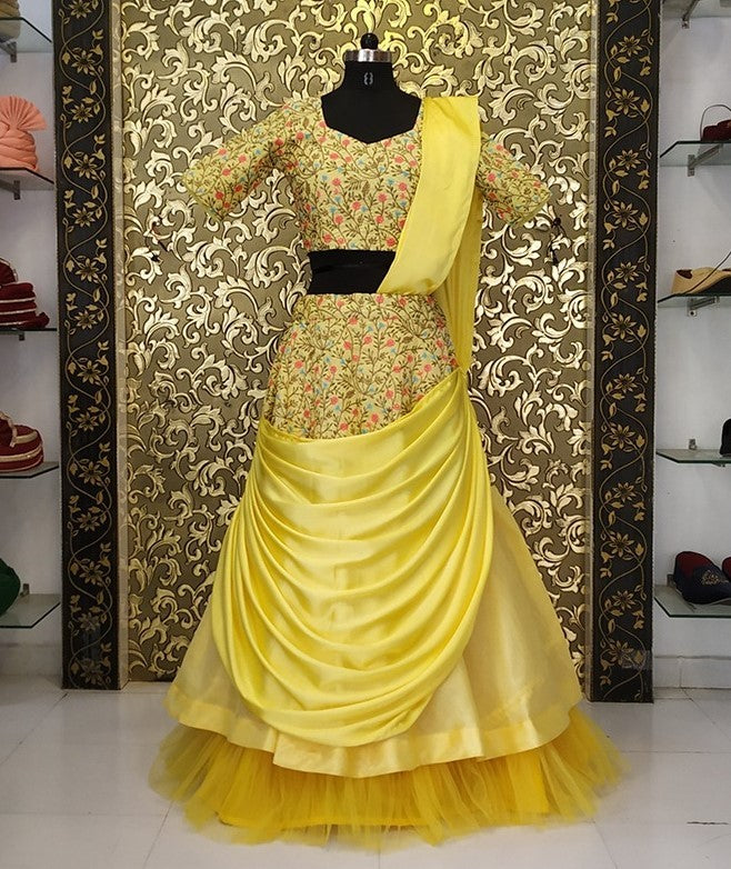 yellow satin banglory embroidered ceremonial lehenga