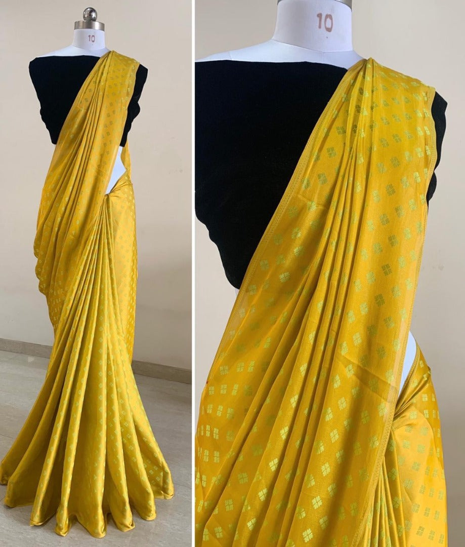 Yellow satin jacquard saree