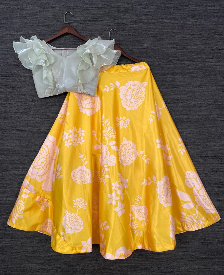 Yellow satin printed crop top lehenga
