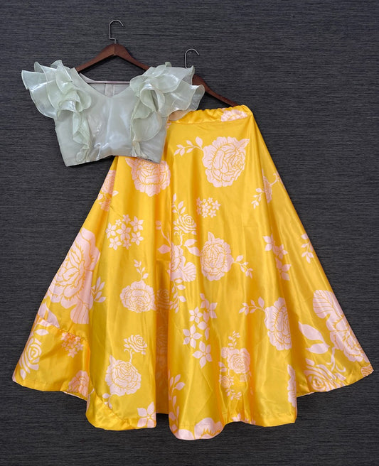 Yellow satin printed crop top lehenga