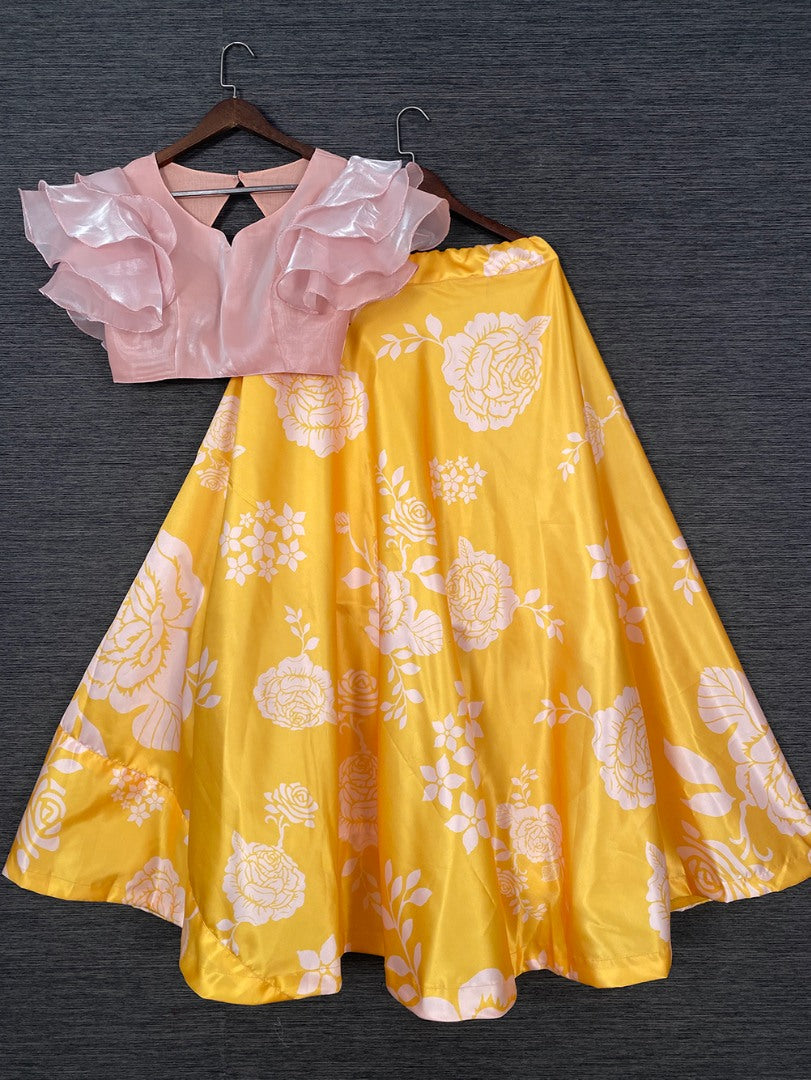 Yellow satin printed crop top lehenga