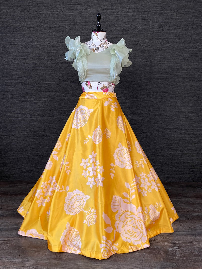 Yellow satin printed crop top lehenga