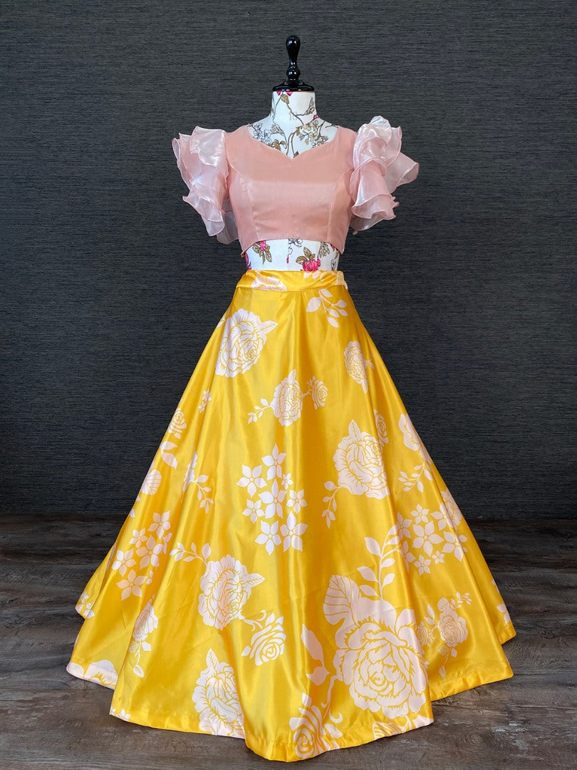 Yellow satin printed crop top lehenga