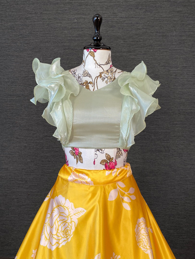 Yellow satin printed crop top lehenga