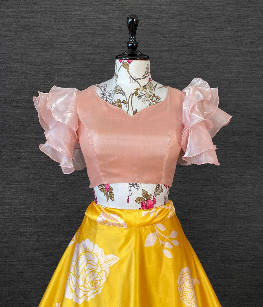 Yellow satin printed crop top lehenga
