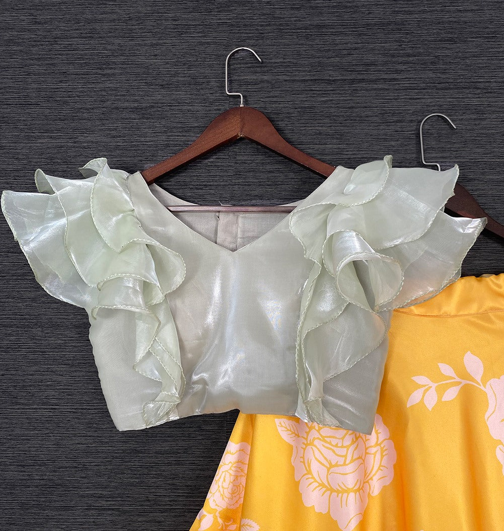 Yellow satin printed crop top lehenga