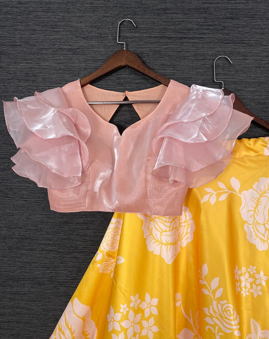 Yellow satin printed crop top lehenga