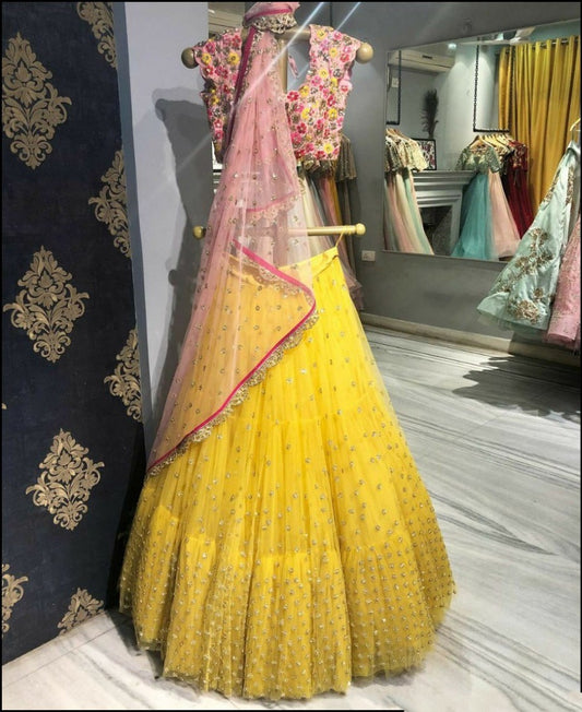 Yellow sequence and thread worked wedding lehenga choli