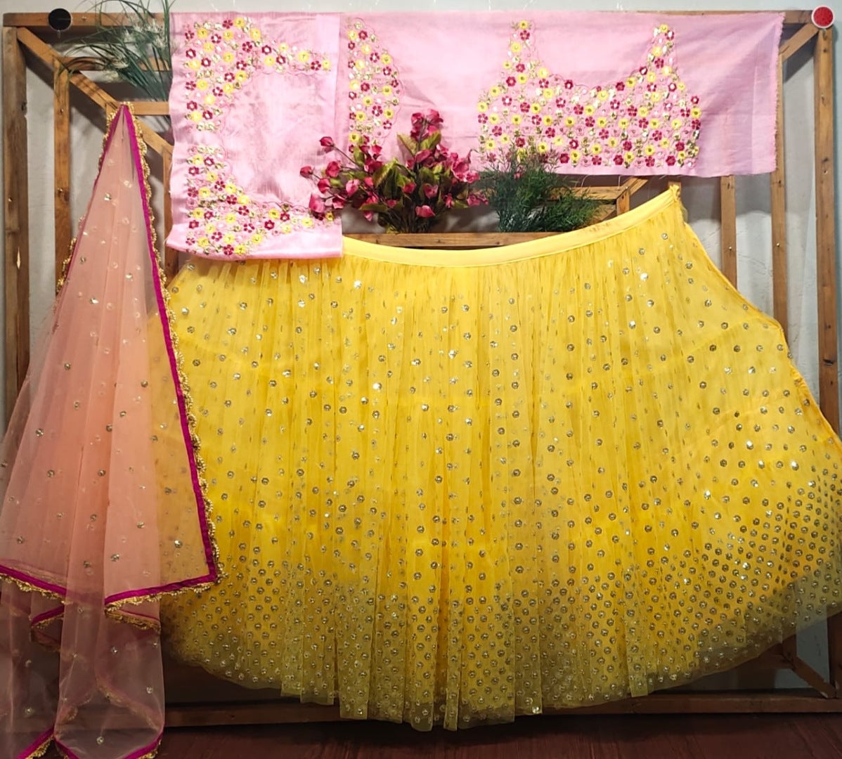 Yellow sequence and thread worked wedding lehenga choli