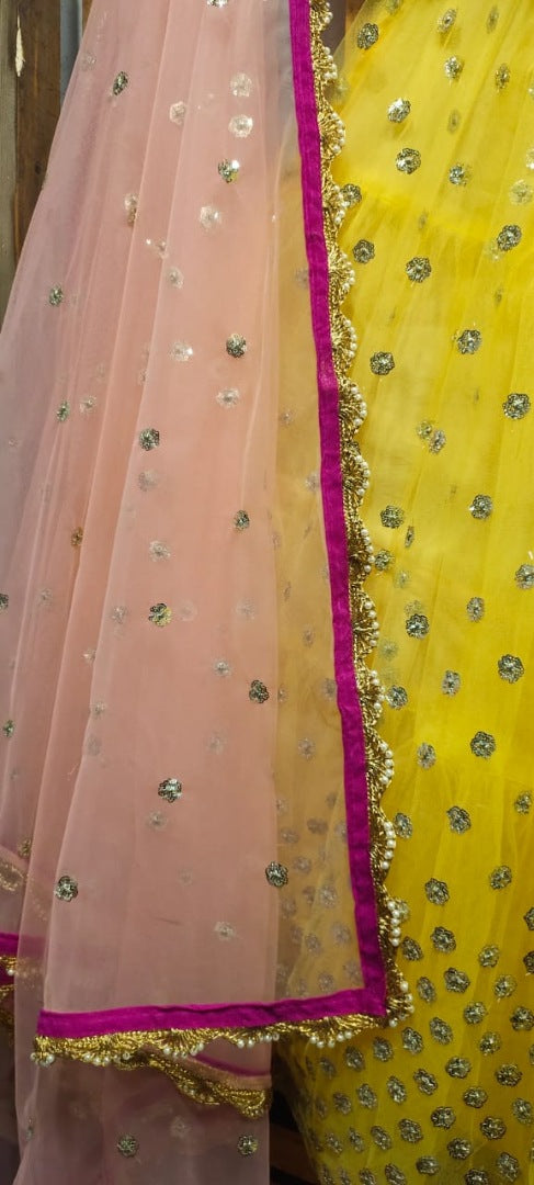 Yellow sequence and thread worked wedding lehenga choli