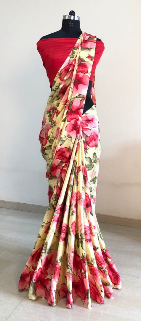 Yellow silk crape red floral printed casual wear saree