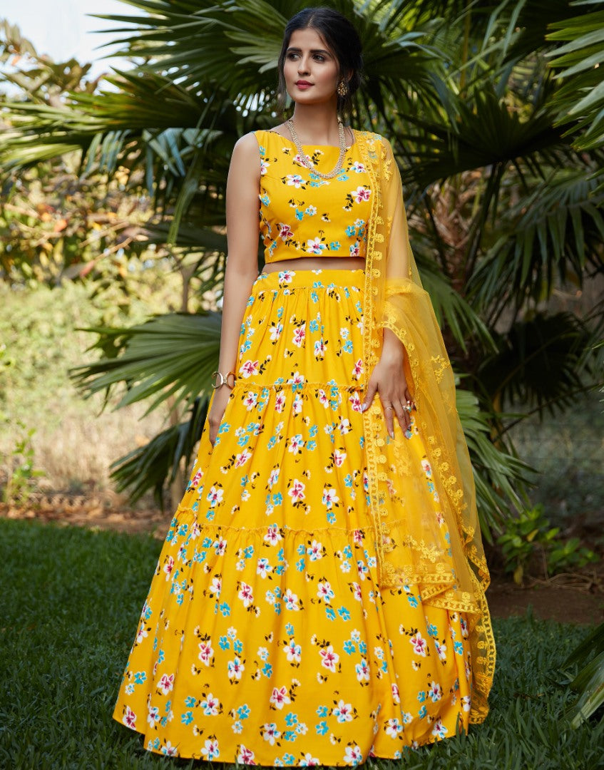 Yellow silk crepe flower printed party wear lehenga choli