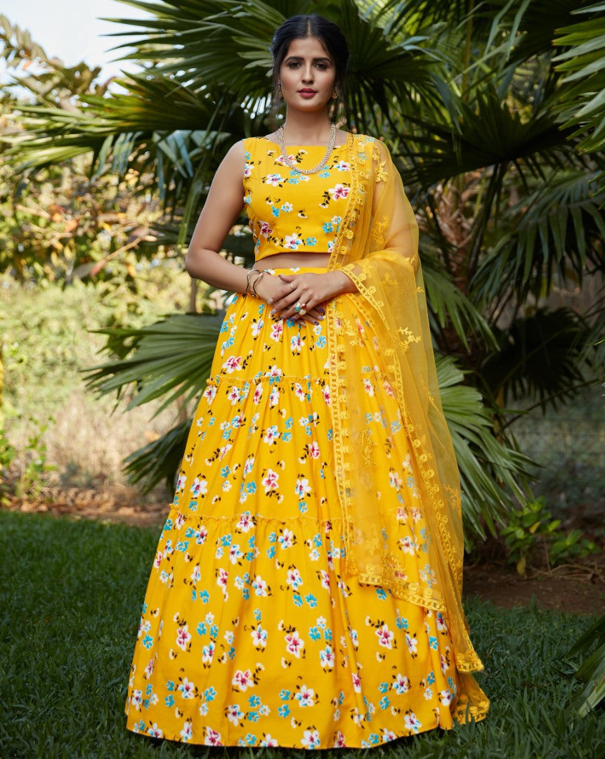 Yellow silk crepe flower printed party wear lehenga choli